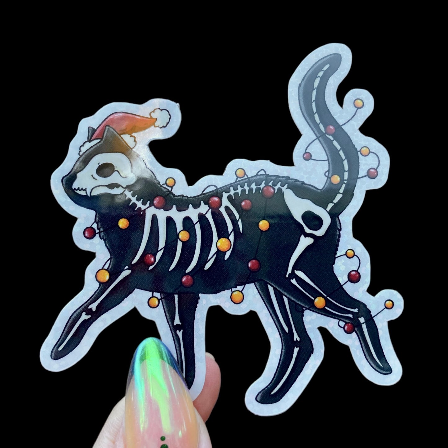 Holiday Skeleton Cat Glitter Sticker